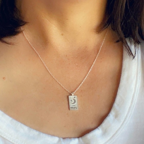 Sterling Silver Rectangle Moon and Stars Necklace - Picture 4 of 17